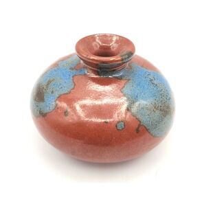 Vintage Studio Art Pottery Red & Blue Glazed Signed by Artist RA 2.5" Tall Vase